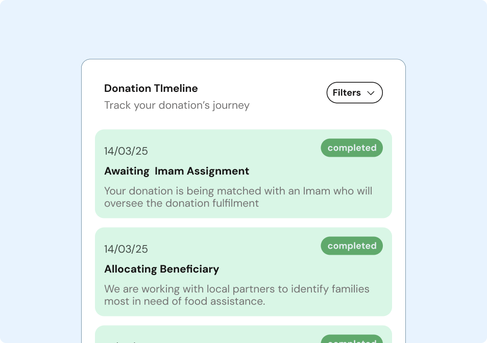 Image of the platform order tracking feature for linking donations