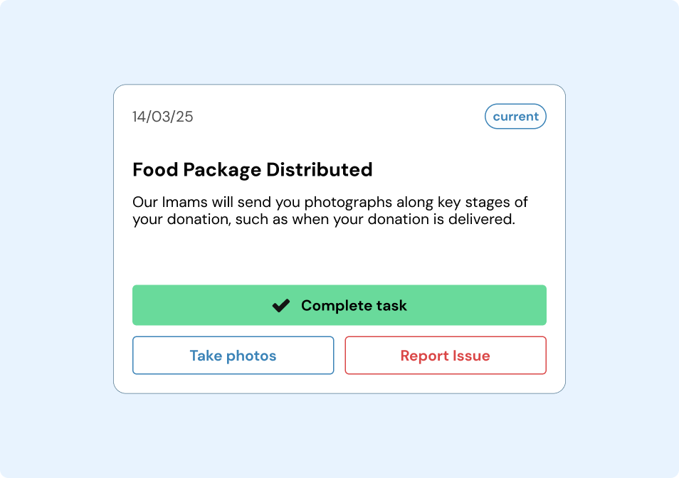 Image of the platform providing proof of the key stages of your donation being delivered